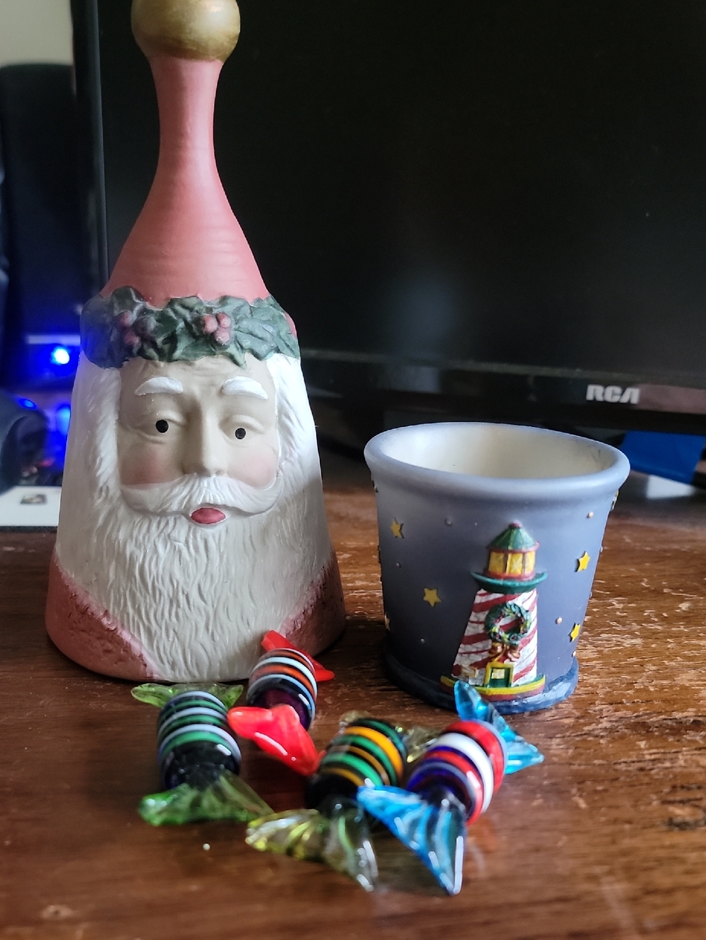 PartyLite Pink Santa Bell & Lighthouse Candle Holder with Colorful Glass Charms